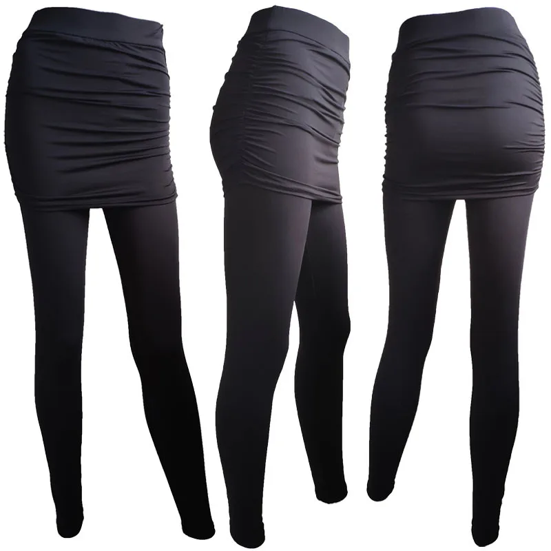 

Fake Two Piece Leggings Pants Slim Leggings Women Pants Pack Hip Pleated Skirt Ladies Solid Color Bag Hip Side Trousers S-3XL