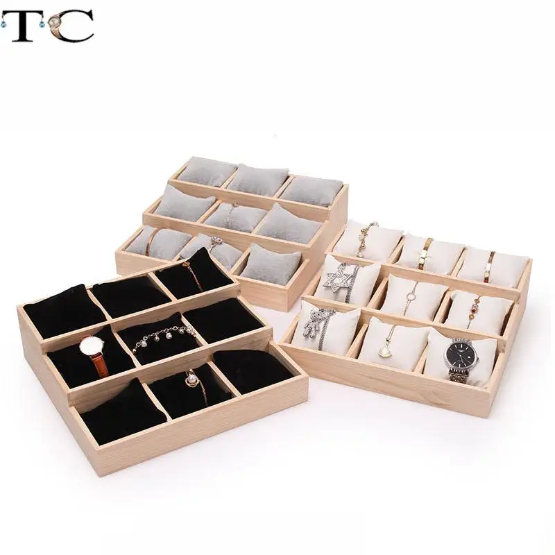 Solid Wood Three-Tiered Tray Bracelet Watch Necklace Pearl Bracelet Pillow Tray Jewelry Storage Rack
