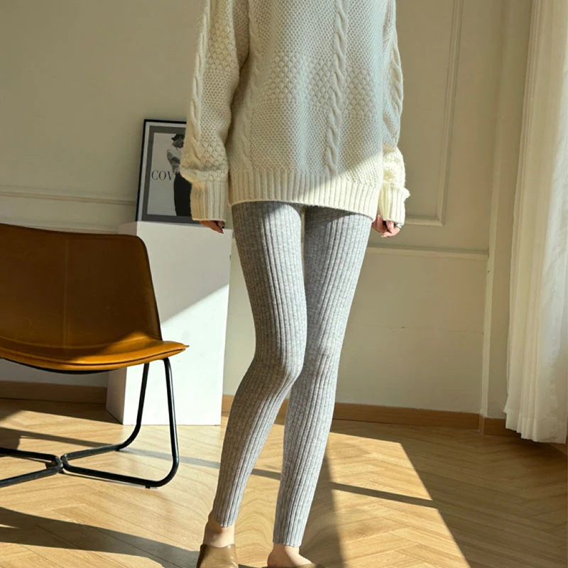 knit leggings women's pants slim nine-point pants autumn winter Inner and outer wear high waist tight casual small feet pants