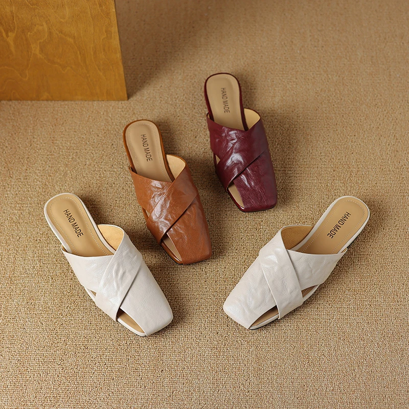 Genuine Leather Women Slippers Fashion Elegant Office Slip on Flat Shoes Ladies Mature Summer Beach Shoes Women Pumps 2024 New