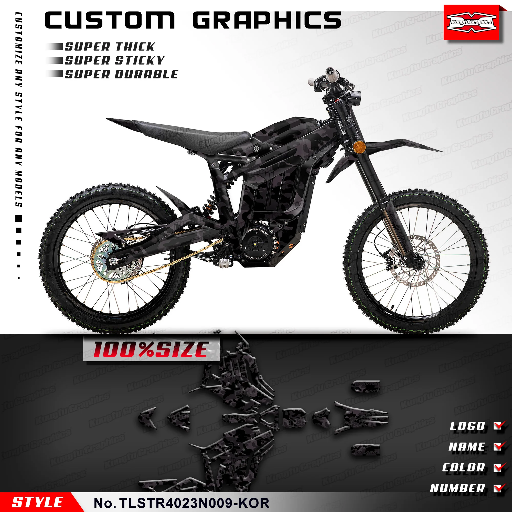 Kungfu Graphics Full Stickers Kit Custom Decor Wrap Per Talaria Sting R Mx L1E Sx3 Dirt Ebike, Black Camouflage