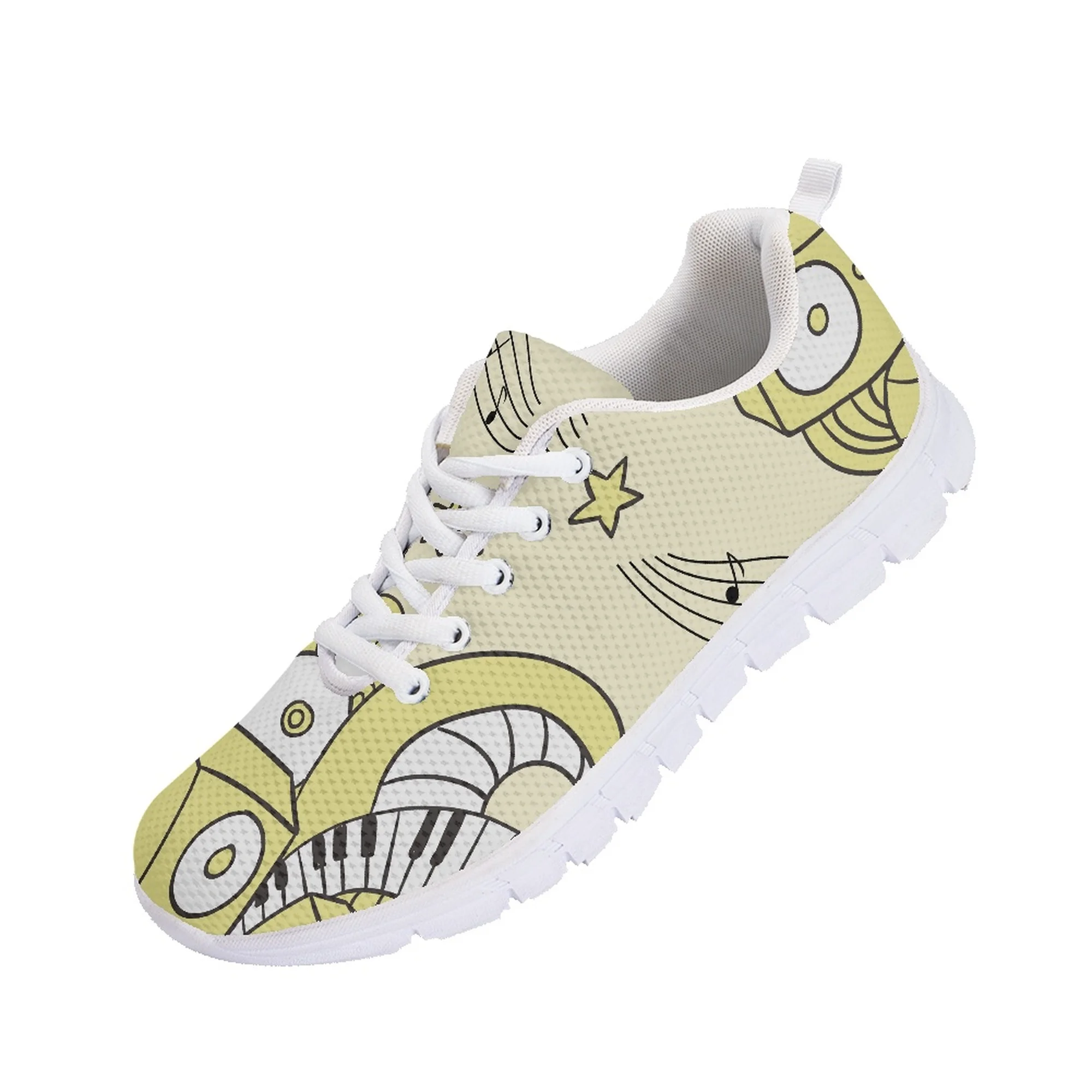 Yikeluo New Style Women Lace up Sneakers Casual Musical Notes Flat Shoes Breathable Soft Print Running Shoes for Femme