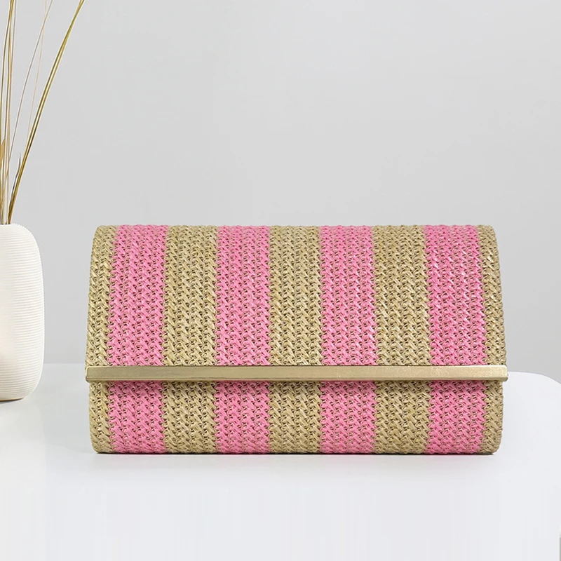 Fashion Pink Striped Clutch Bag for Women PP Straw Chains Shoulder Crossbody Bag Summer Beach Bags Small Party Purses 2024