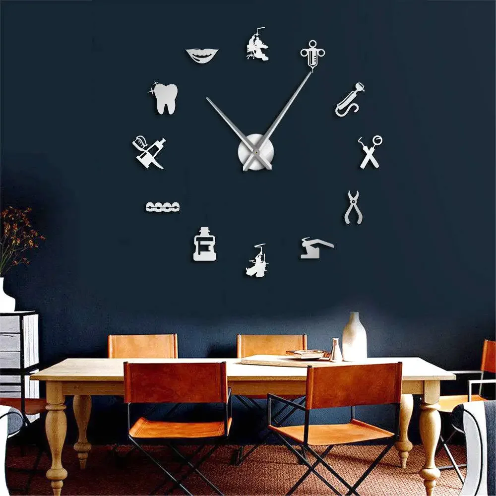 Dentist Tools Frameless 3D Wall Clock Dental Practitioners Clinic Stomatological Hospital Orthodontics Room Art Decor Clock 6