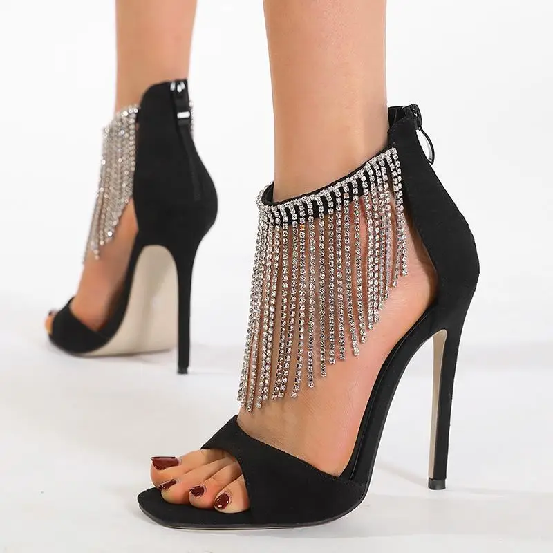 

Comfort Shoes for Women Luxury Sandals Tassel Large Size Suit Female Beige High Heels Fashion Stiletto 2024 Fringe Big Black Hig