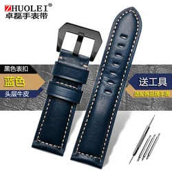 Vintage Frosted Matte Brown - Blue Genuine Leather Watchband - Men's Wrist Strap Bracelet (22mm, 24mm, 26mm) - 22mm (Retro blue - black)
