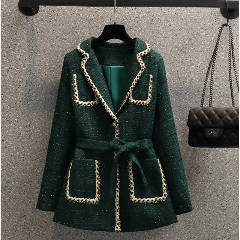 

Tweed Medium Long Jacket Women 2023 Elegant Lace-Up Street woolen Coat Fall Winter Long Sleeve Warm Office Lady Casual Outwear