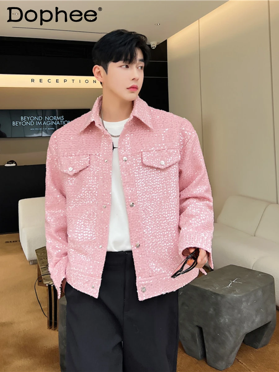 

Spring 2024 Fashionable Sequins Fried Street Short Jacket Men's Shiny High-End Trendy Male Long Sleeve Solid Color Jackets