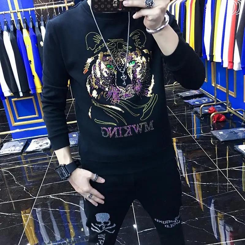 Men's Hot Drilling Tiger Head Printed hoodies Spring and Autumn Fashion Brand Cool Handsome Long-sleeved T-shirt Sweatshirts Top