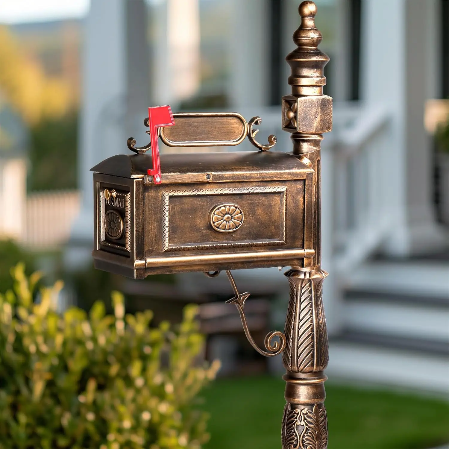 Cast Aluminum Mailbox, Barcelona Decorative Post Mailbox, Rust-Proof Large Security Heavy Duty Mailbox (Bronze)
