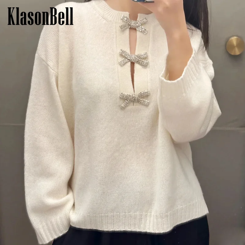 

12.21 KlasonBell Temperament Diamonds Crystal Bow Decoration 100% Wool Knit Soft Comfortable O-Neck Pullover Sweater Women