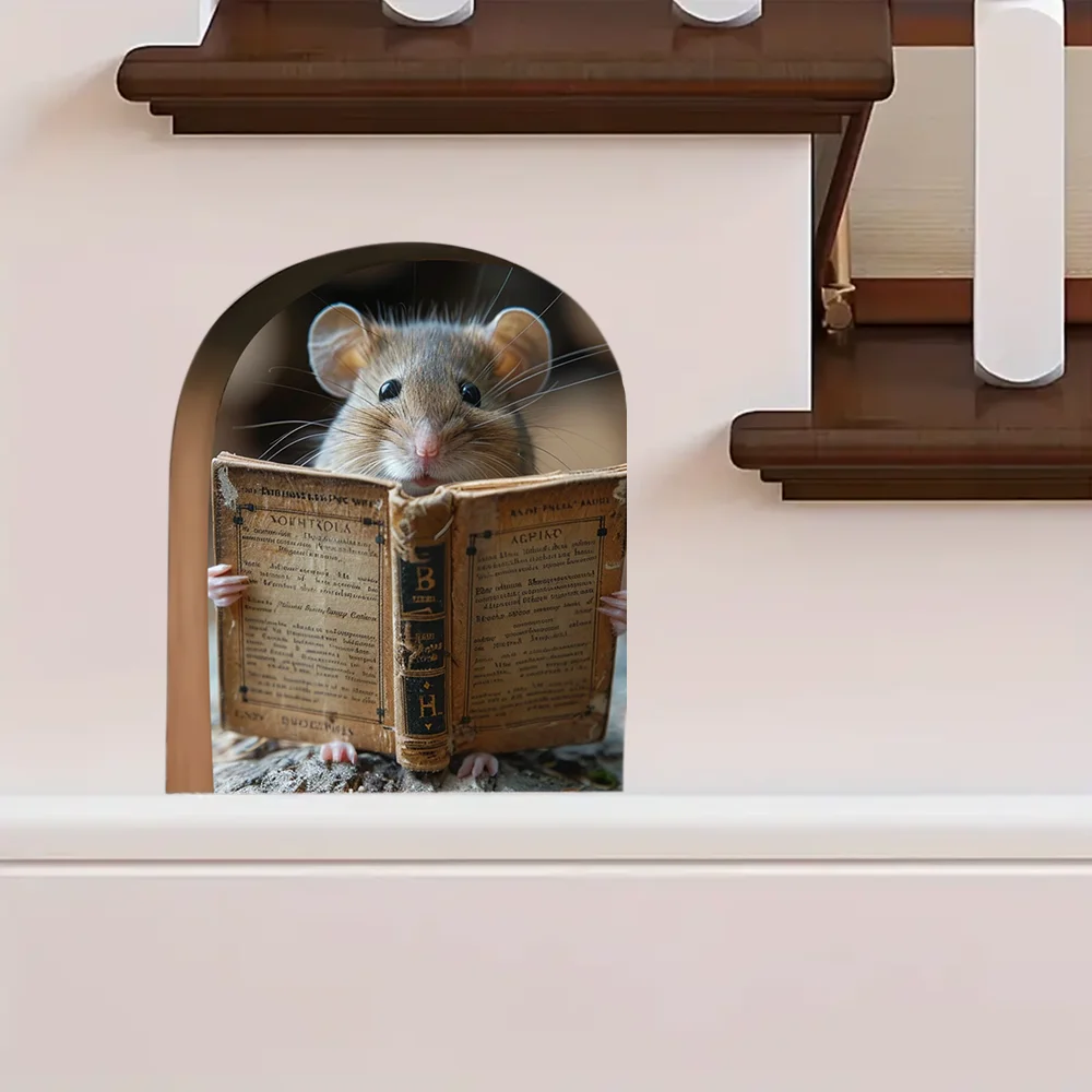 2pcs 9cm Reading Mouse Rat holes Wall Stickers, Stair Corner Stickers, Suitcases and Decorative Waterproof Stickers J-438