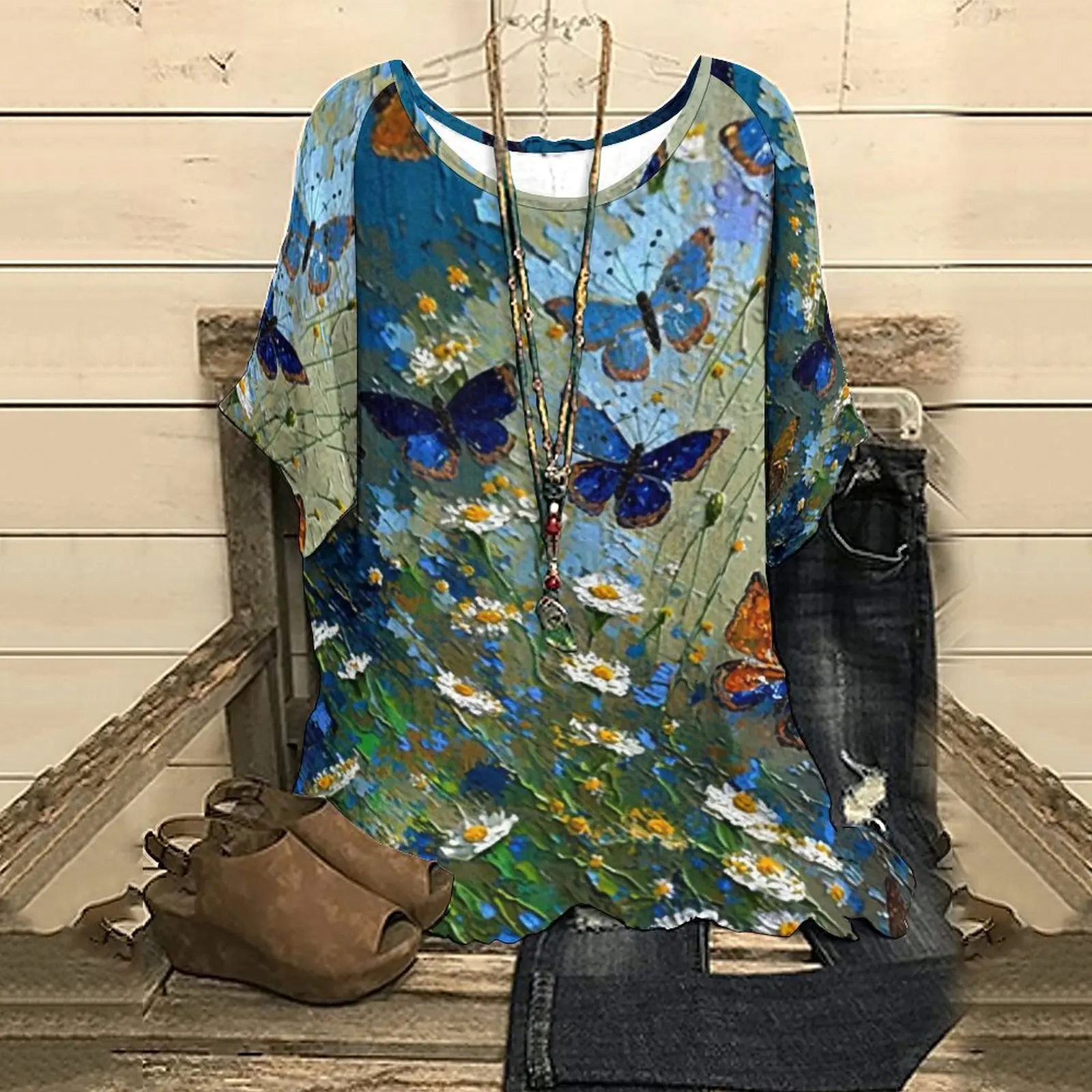 

New Summer Women's Half Sleeve Top Tee Flower Butterfly Print T-Shirt Streetwear