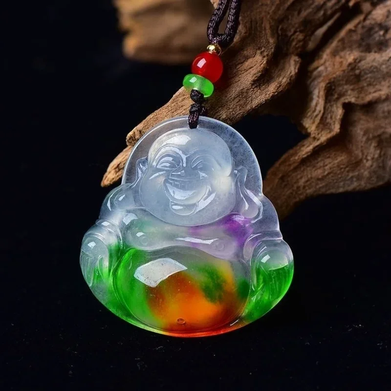 

Natural Emerald Colorful Maitreya Buddha Pendant Necklace Charm Jewellery Fashion Hand-Carved Man Woman Luck Gifts Amulet New