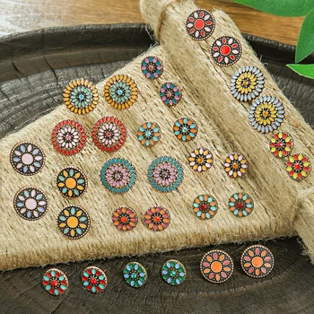 Women's Cute Oil Drop Stud Earrings Vintage Multicolor Earrings Set Geometric Roud Boho Party Decors Daily Wear Gifts Versatile 1