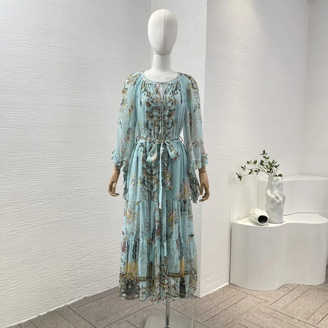 

Silk High Quality 2024 New Blue Floral Print Beading Long Sleeve Women Self Bow Tie Waist Pullover Loose Midi Dress