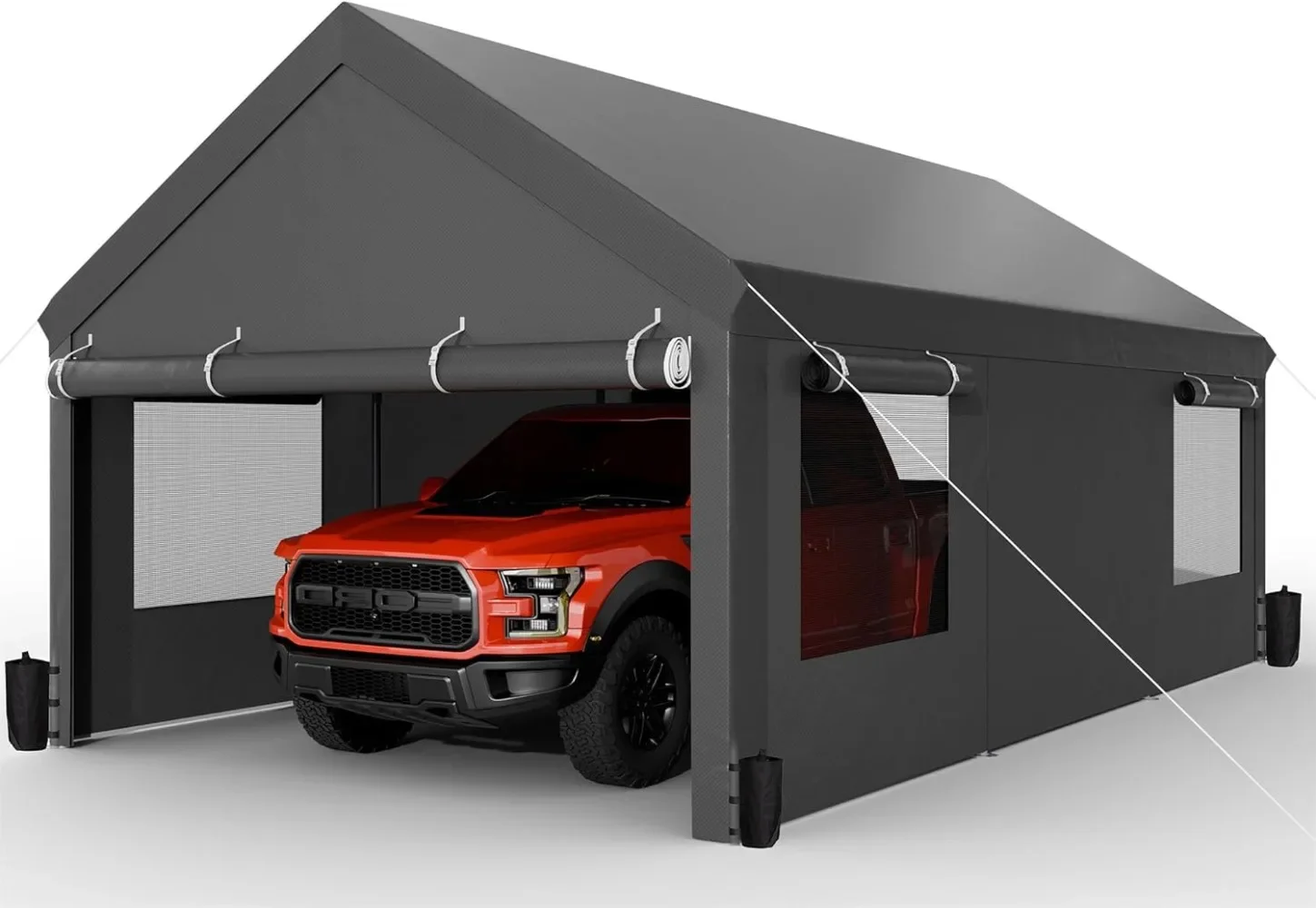JAMFLY Carport, 12x20 ft Heavy Duty Carport with Roll-up Windows, Portable Garage with Removable Sidewalls & Doors, Car Canopy