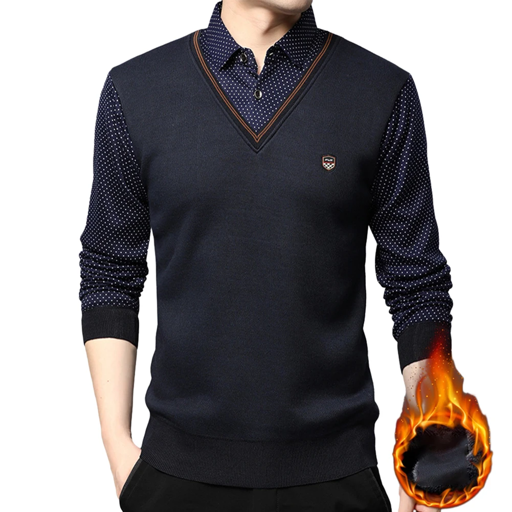 

New Stylish Shirt Mens Male Tops Autumn Winter Business Collared Fake Two Pieces Keep Warm Leisure Long Sleeve