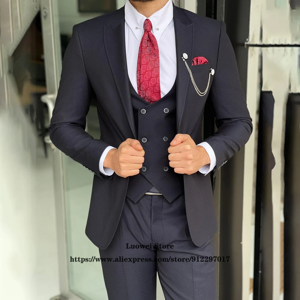

High Quality Custom Made Navy Blue Suits For Mens Slim Fit 3 Piece Pants Set Groom Wedding Tuxedo Formal Business Costume Homme