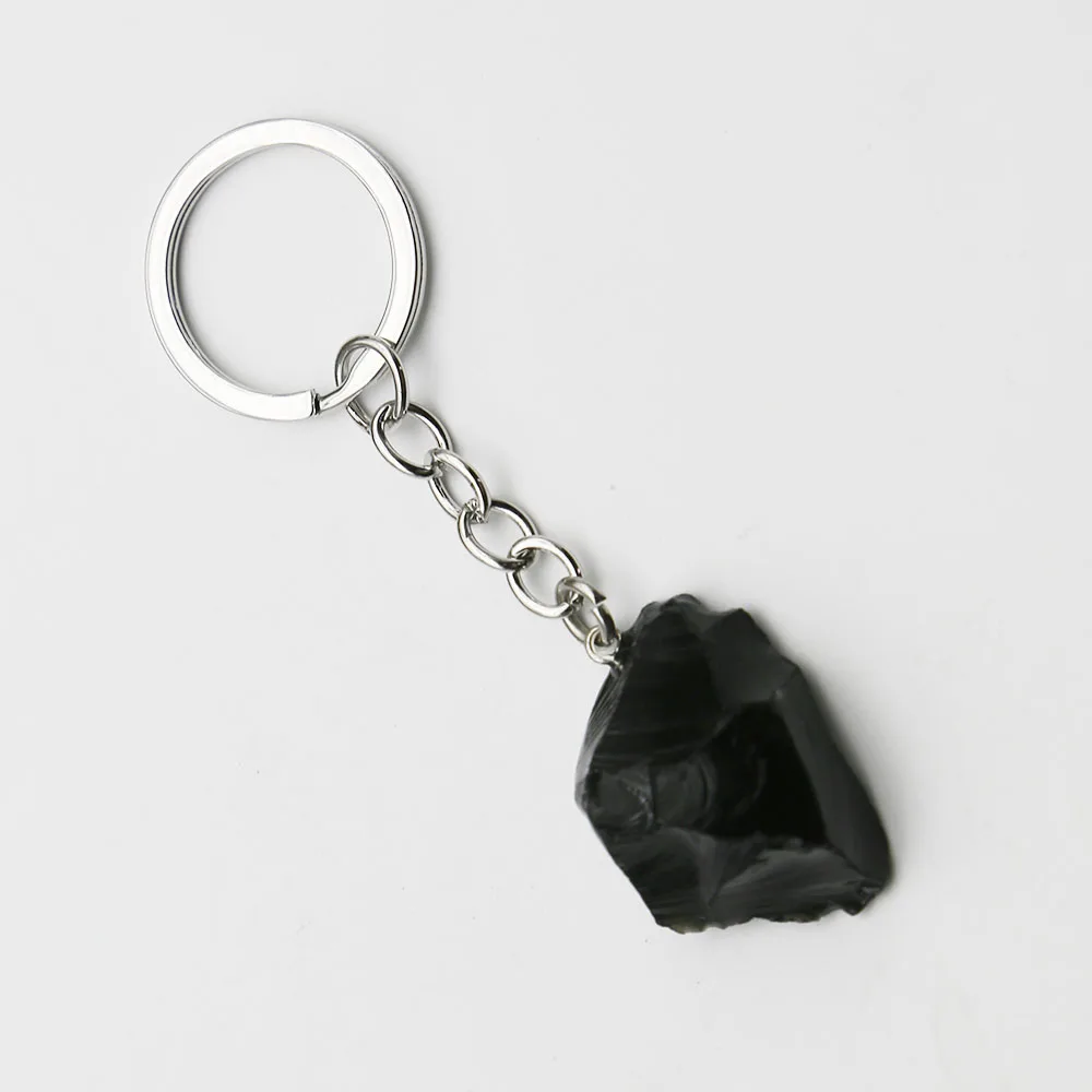 Natural Raw Ore Irregular Obsidian Keychain Exquisite Stainless Steel Chain Keyring Pendant For Men And Women Fashion Jewelry 5P