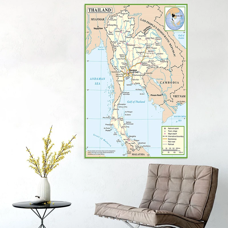 150*225cm The Thailand Administrative Map Canvas Painting Wall Decorative Poster Unframed Print Living Room Home Decoration