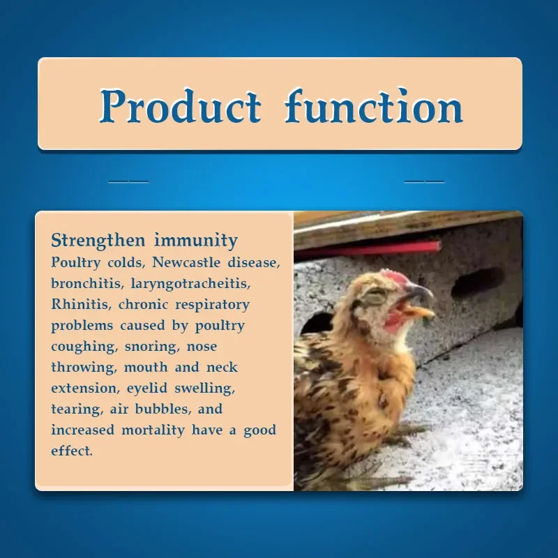 Chickens, ducks, pigeons, snoring and coughing, snoring, opening mouth and neck extension, swollen eyelids, tearing 250ml