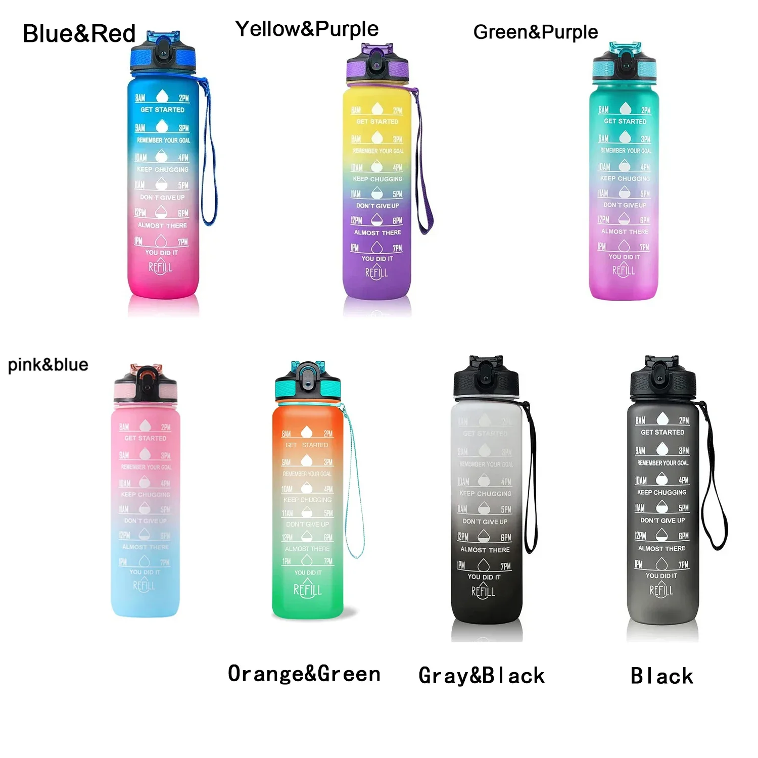 1L Sports Water Bottle with Straw and Time Marker Plastic Motivational Water Bottle Drinking Bottle Leakproof for Fitness Gym