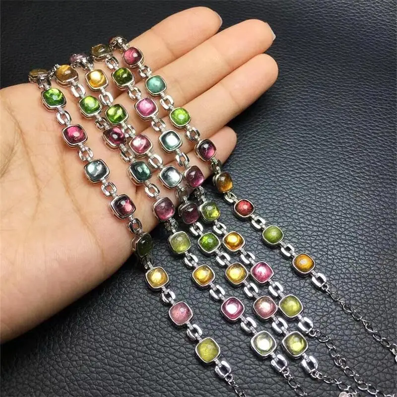 

s925 Natural Tourmaline Cube Bracelet Crystal Healing Lucky Fashion Accessory Female Festival Gift Birthday Present 1pcs