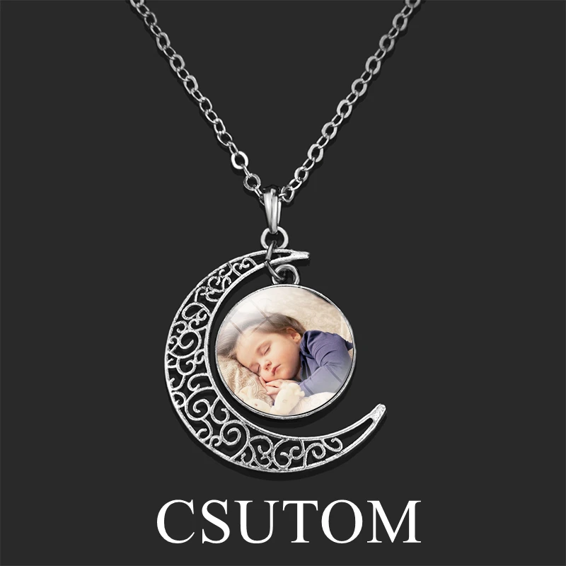 Personalized Customization Photo Logo Crescent Moon Pendant Necklace Personalized Text Necklace Custom Jewelry Creative Gift