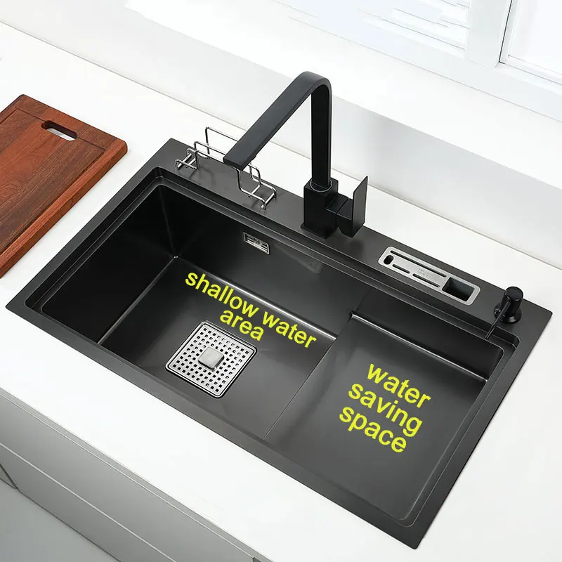 Kitchen Sink Water-Saving Design Stainless Steel Basin with Knife Rack Cutting Board Holder Matte Black