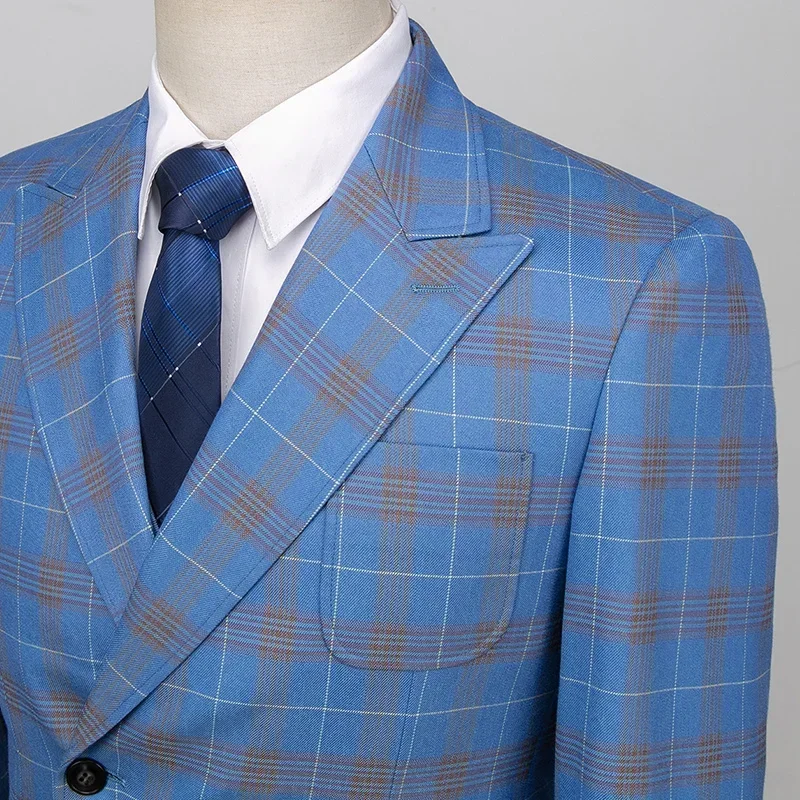 S-5XL Men's Formal Suit 3piece Blazer Vest Pants Luxury Business Blue Plaid Groom Wedding Dress Party Tuxedo formal suit,business men clothing
