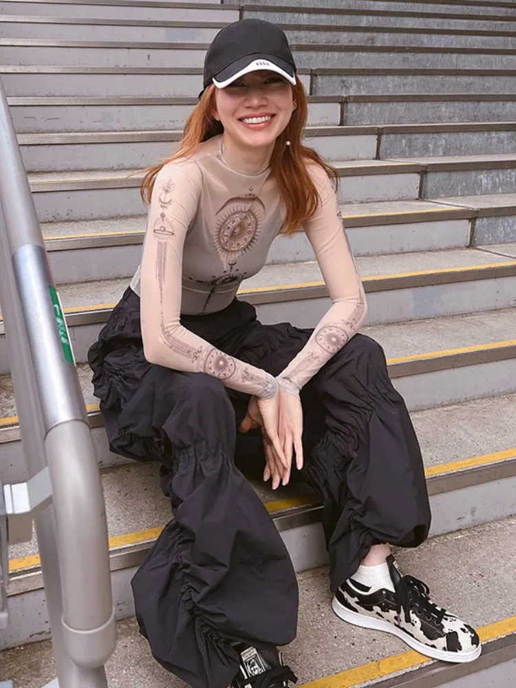 Long Sleeve Mesh Women T Shirt Streetwear Printing Y2k Accessories See Through Vintage Clothes Sexy Fashion Hot Ropa Mujer