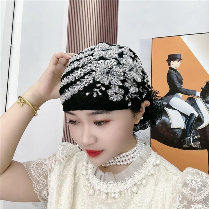 Fashion Women Headband Hat Pleated Turban Hat Beanie Hat For Ladies Retro Style Big Flowers Hat Baotou Cap Party Accessories 2