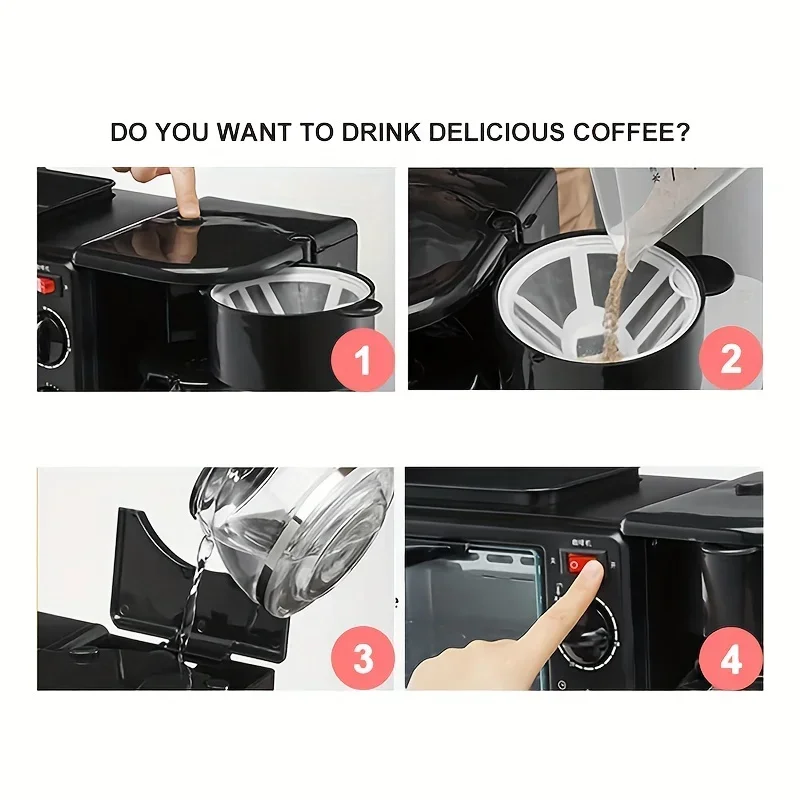 3-in-1 Breakfast Maker Home Mini Electric Oven Bread Maker,600ml Drip Coffee Machine,Non Stick Pan Fry Pan,Can Fry Grill Steak 5