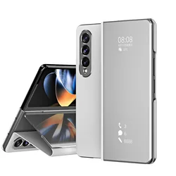 Smart View Flip Mirror Protective Case with Kickstand and Sleek Cover Design for Galaxy Z Fold 3 (Silver)