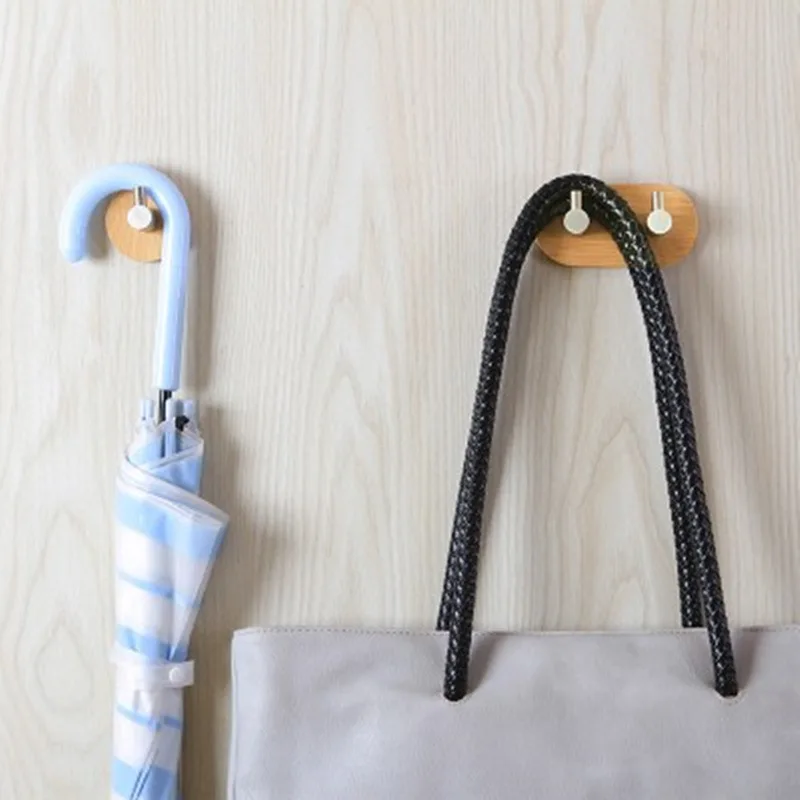 Natural Bamboo Stainless Steel Hook Wall Clothes Bag Headphone Key Hanger Kitchen Bathroom Door Towel Rustproof Shelf WJ622