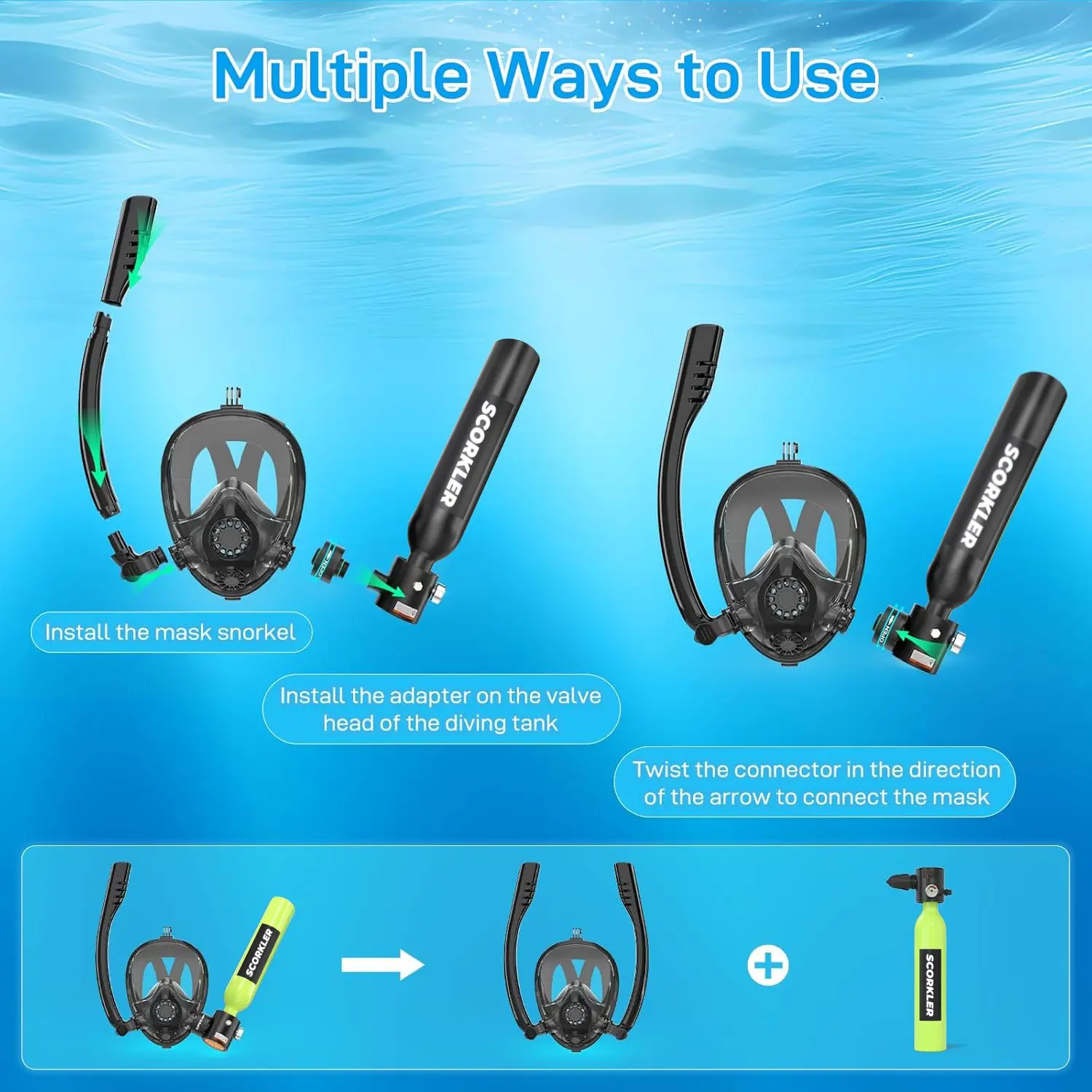 SCORKLER Snorkeling Full Face Mask with Mini 0.5L Scuba Diving Tank And Hand Pump Diving Cylinder Dive Equipment for Adults