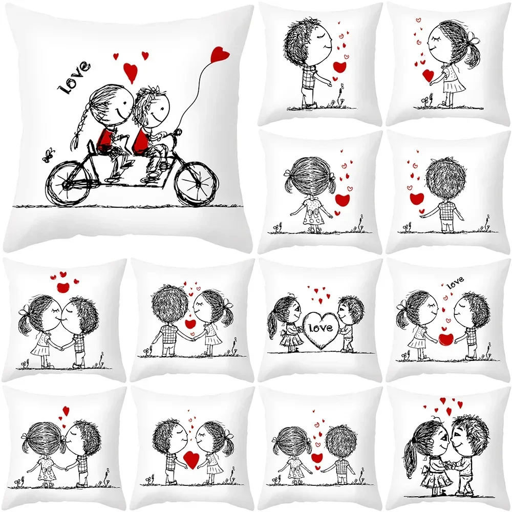 

45x45cm Valentine's Day Pillowcase Cover Peach Skin Print Couple Love Heart Sketch Pillow Cushion Whloesale