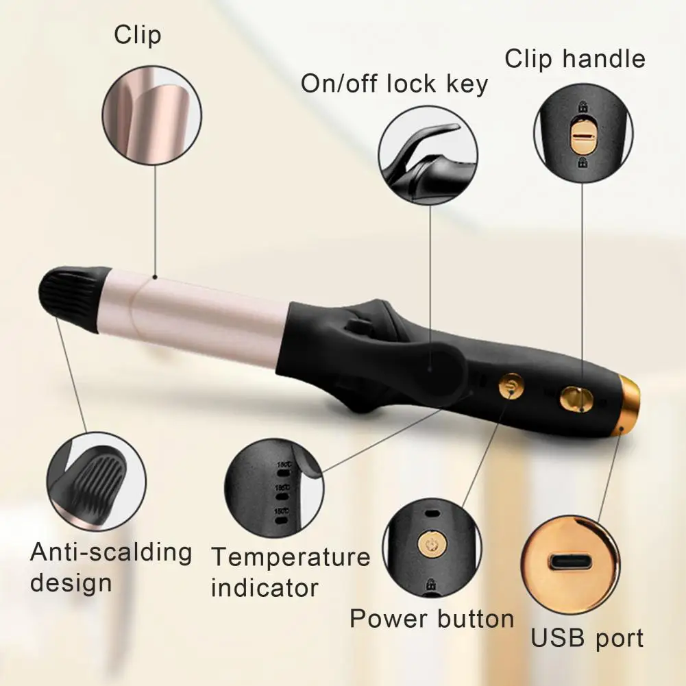 Cordless Hair Curling Iron 3 Temperature Adjustable Fast Heating Hair Curler Straightener Portable Electric Curling Wand