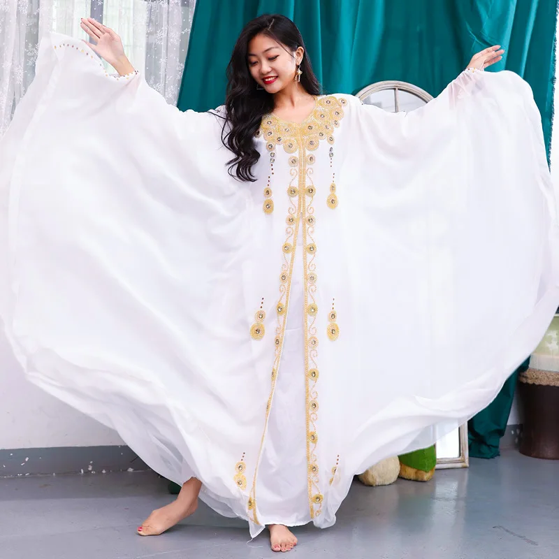 Dubai Kaftan Beaded Sequins Decorated Arab Robes 2-piece Set Chiffon White V-neck Elegant and Fashionable
