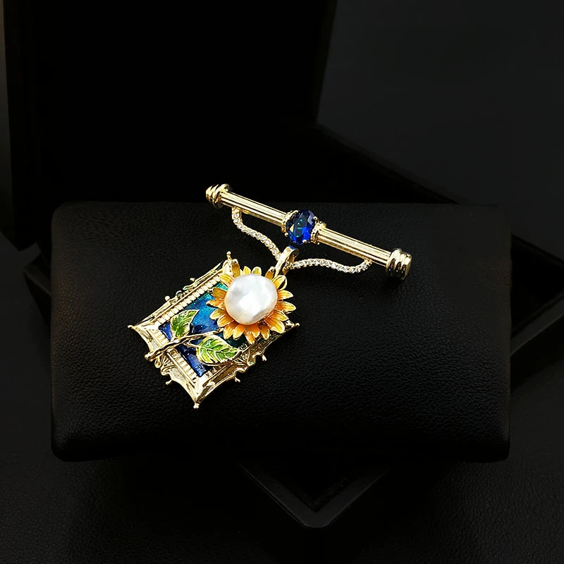 Baroque Pearl Sunflower Brooch Men Women Pin Corsage Oil Painting Design Sense Clothes Neckline Accessories Jewelry Gifts 5585
