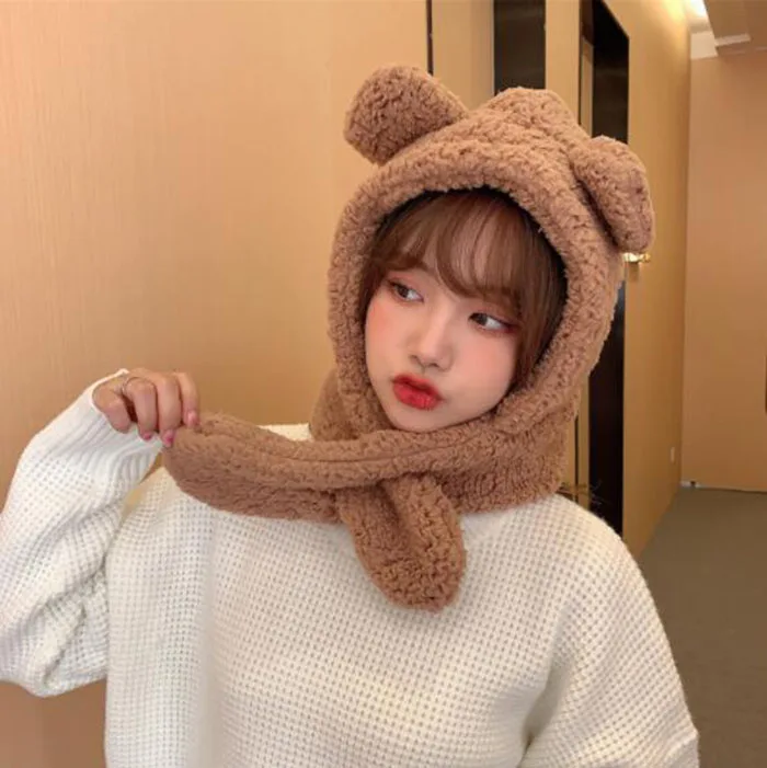 New Cute Bear Ear Hat Scarf Gloves Set Women Winter Novelty Caps Warm Plush Hats Casual Solid Fleece Girl Party Accessories - 4
