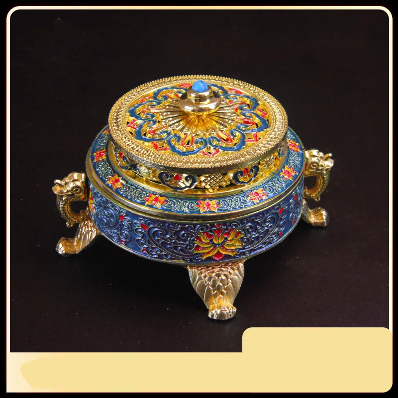 Copper Alloy Antique Incense Burner Aromatherapy Incense Burner Sandalwood Embossed Enamel Painted Temple Plate Incense Burner
