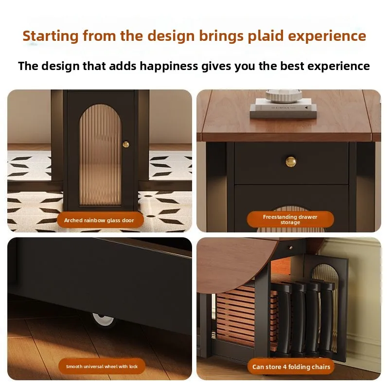 Round Solid Wood Foldable Dining Table French Style Small Space Friendly Home Use Multi-Functional Movable Extendable