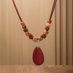 Vintage Ethnic Totem Beaded Necklace with Handmade Wood and Water Drop Pendants - Women's Daily Wear Jewelry (Red)