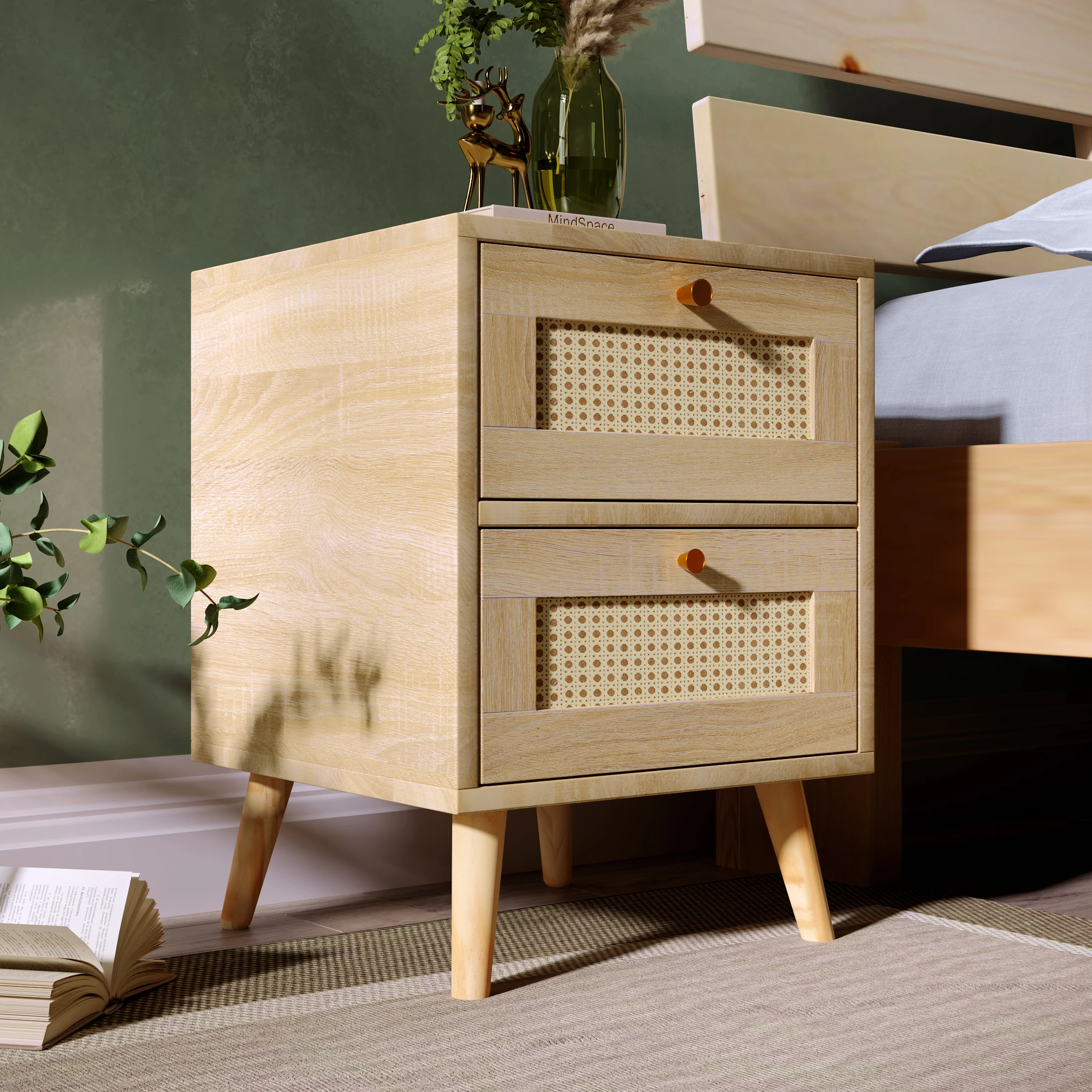 H55/W40/D40cm Natural Oak Rattan Bedside Tables Nightstand Rattan Drawer Sofa Table with 2 drawers Wooden Bedroom Home Furniture