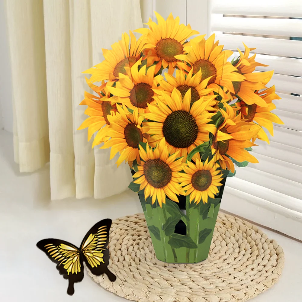 Life Sized Sunflower Greeting Card 3D Pop Up Floral Bouquet Card with Note and Envelope