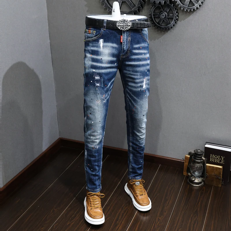 Street Fashion Men Jeans Retro Blue Elastic Slim Fit Ripped Jeans Men Stretch Embroidery Trousers Hip Hop Designer Pants Hombre