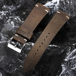Handcrafted Vintage Oil Wax Leather Watch Band - Premium Cowhide with Timeless Stitching - 22mm (Dark Brown)