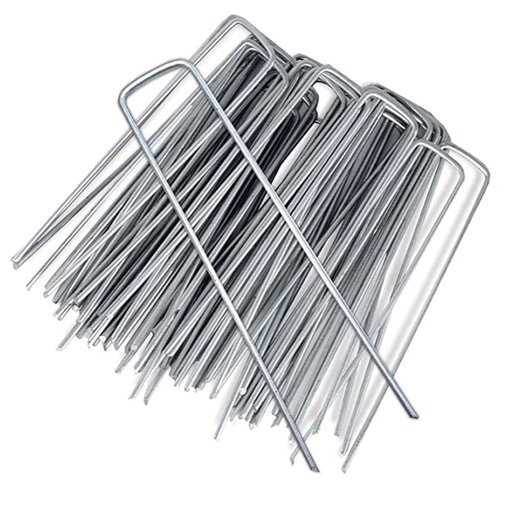 100Pcs Galvanised Steel Weed Membrane Pins Ground Stakes Garden Pegs - 6 inch